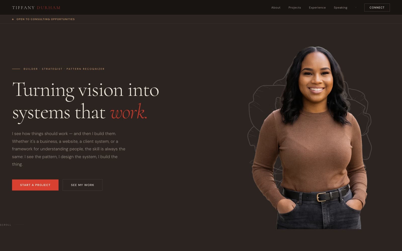 Tiffany Durham homepage hero with portrait, dark editorial layout, and personal brand positioning.