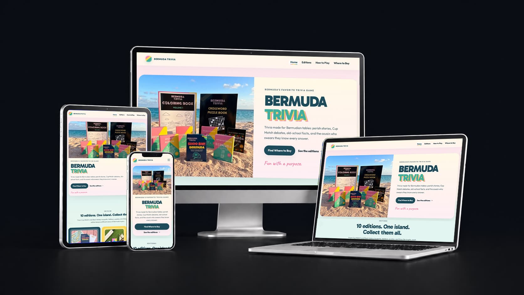 Bermuda Trivia responsive website mockup shown across desktop, tablet, phone, and laptop screens.