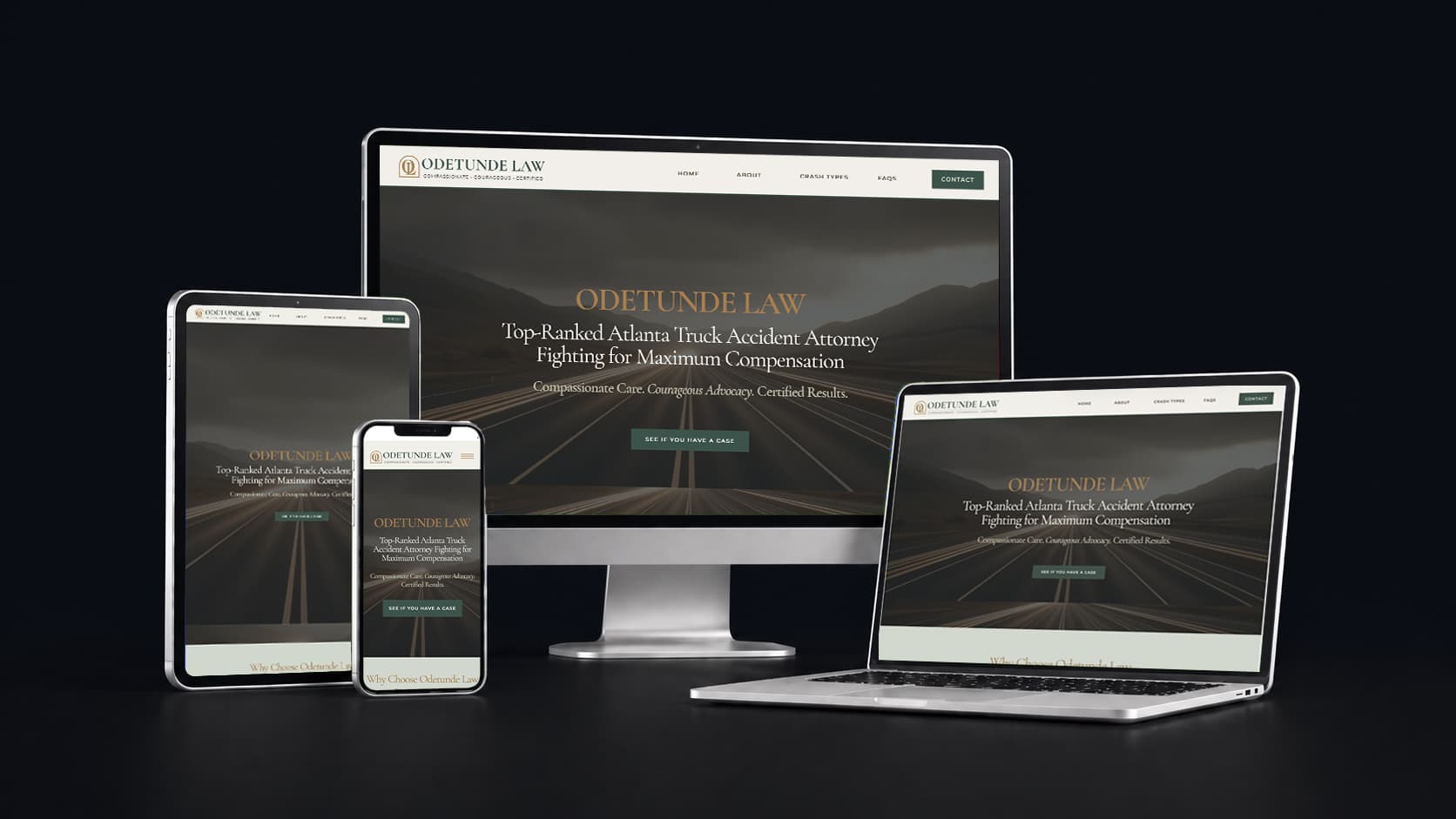 Odetunde Law responsive website mockup shown across desktop, tablet, phone, and laptop screens.