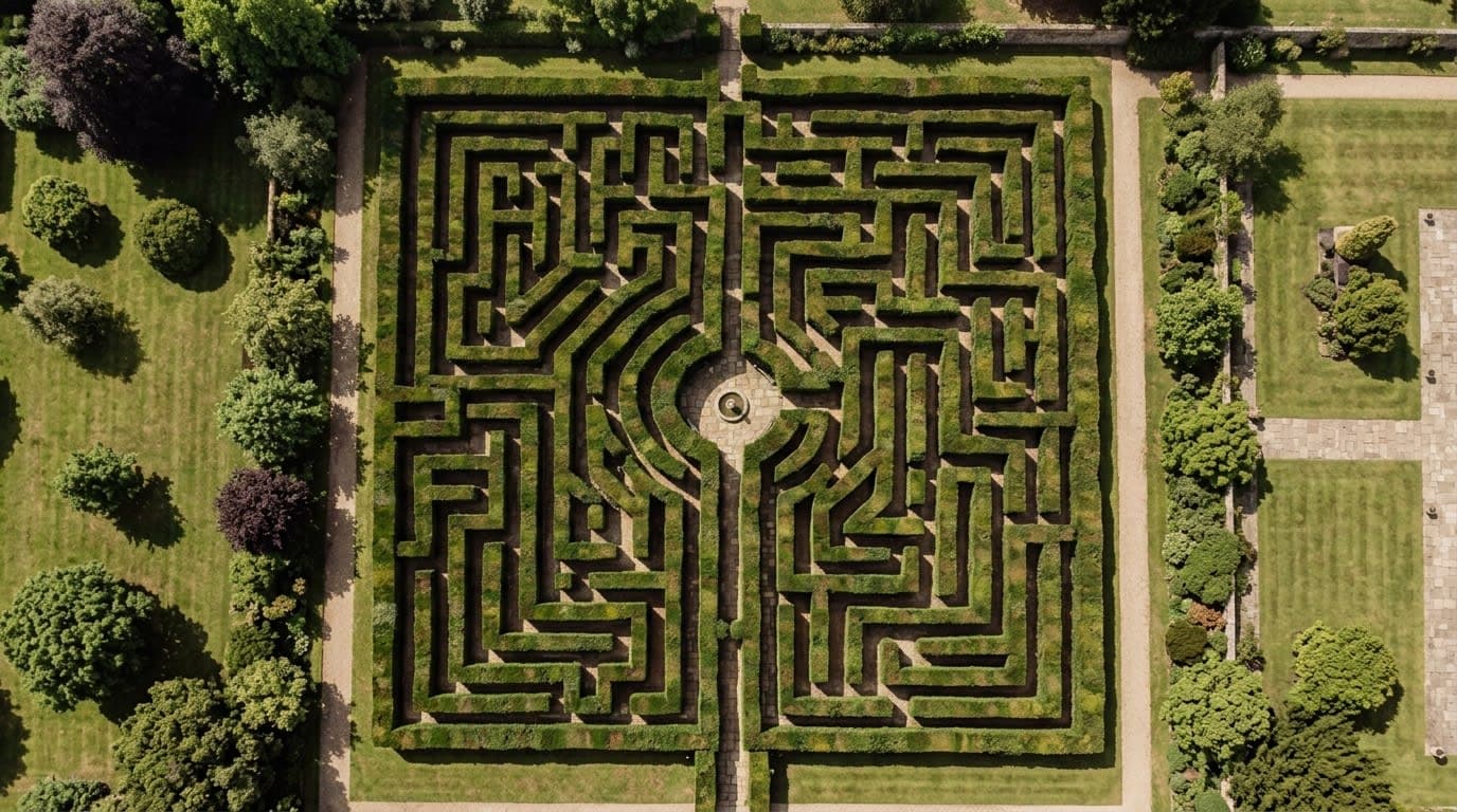 Aerial photograph of a large, complex green hedge maze shot from directly above — a visual metaphor for the confusing navigation experience of a poorly structured website.