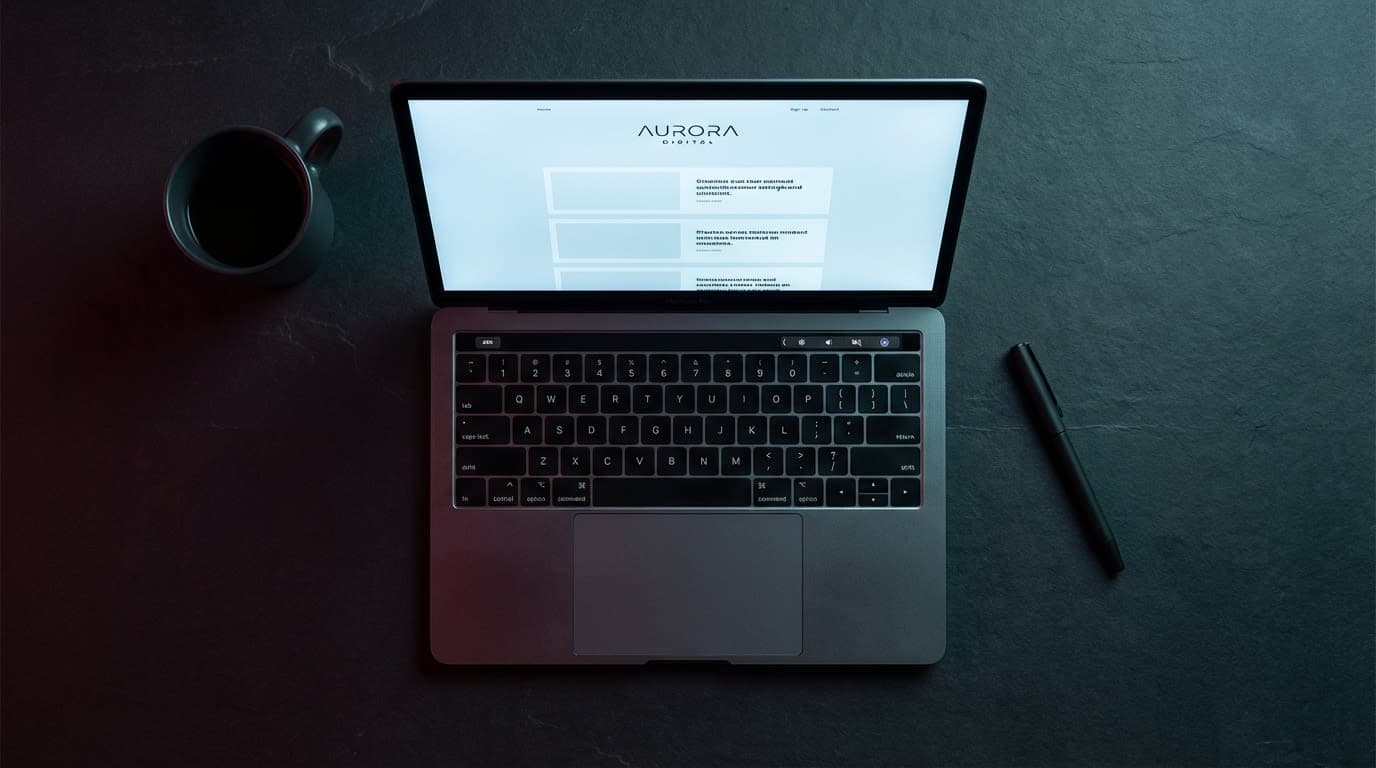 A MacBook laptop on a dark slate desk displaying a clean, minimal website with strong visual hierarchy — representing a polished, professional digital presence that makes it easy for clients to say yes.