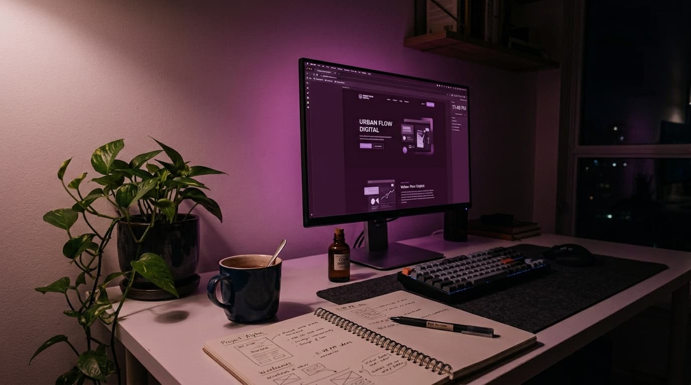 A web designer's nighttime desk setup with an open sketchbook, glowing monitor, and trailing pothos plant in deep purple ambient light.