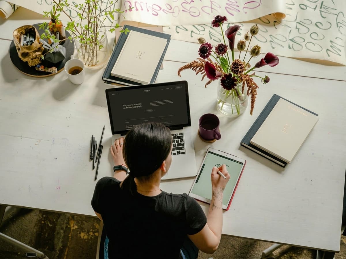 A web designer seen from above, working at a large white table with an open laptop displaying website designs and a tablet with a stylus, surrounded by creative work materials and a coffee mug.