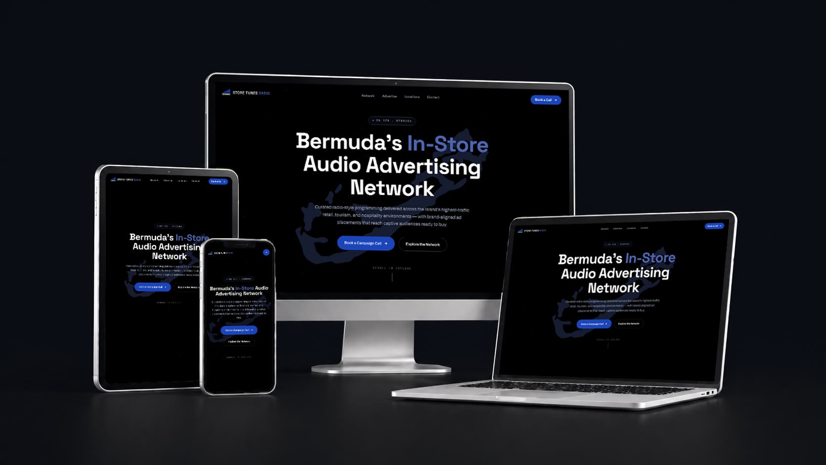 Store Tunes Radio responsive website mockup shown across desktop, tablet, phone, and laptop screens.
